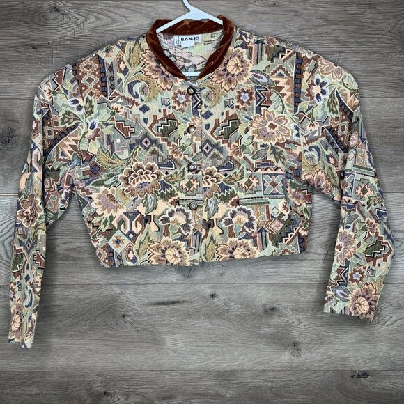 Banjo Dallas TX Crop Jacket Womens XL Tan Western Floral Aztec Brocade Long Slv - Picture 2 of 10